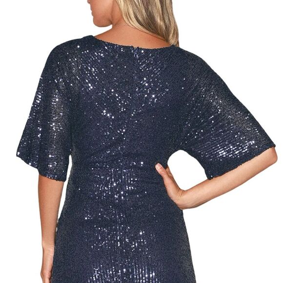LULUS Weekender Navy Blue Sequin Faux-Wrap Mini Dress Size Medium - Picture 4 of 16